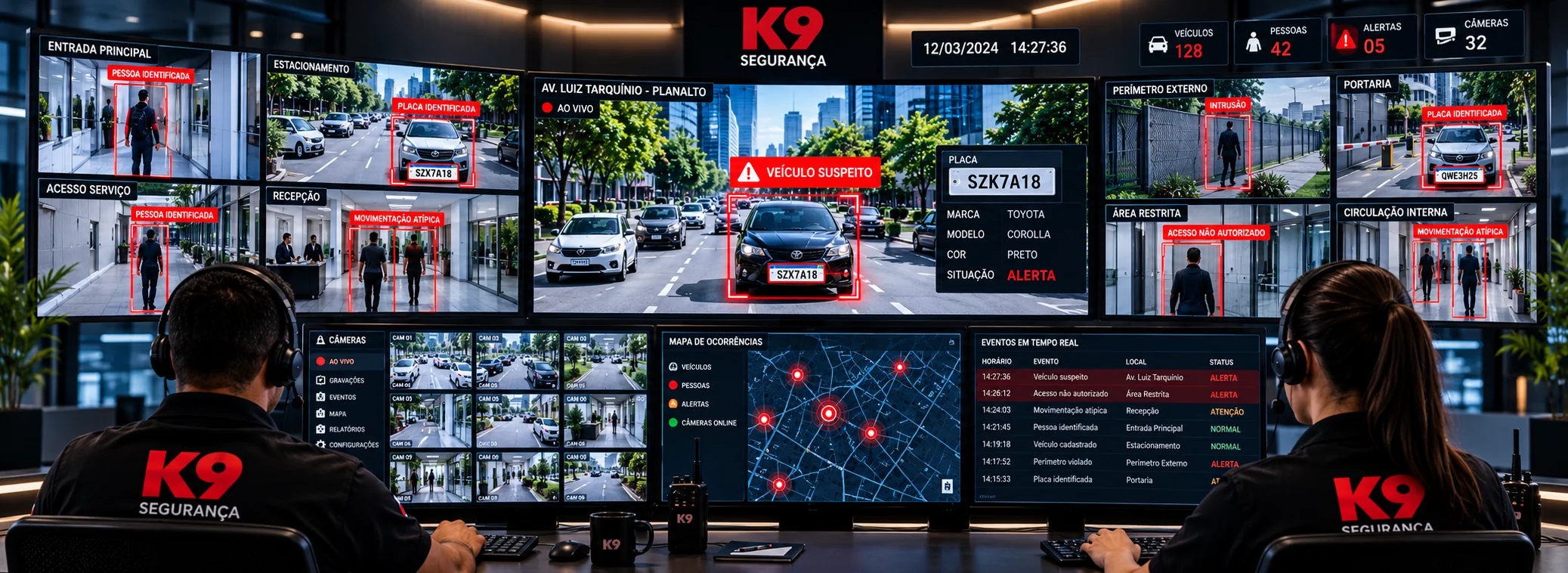 Central de monitoramento K9: operadores diante do videowall com detecção de pessoas, leitura de placa com alerta de veículo suspeito, mapa de ocorrências e eventos em tempo real