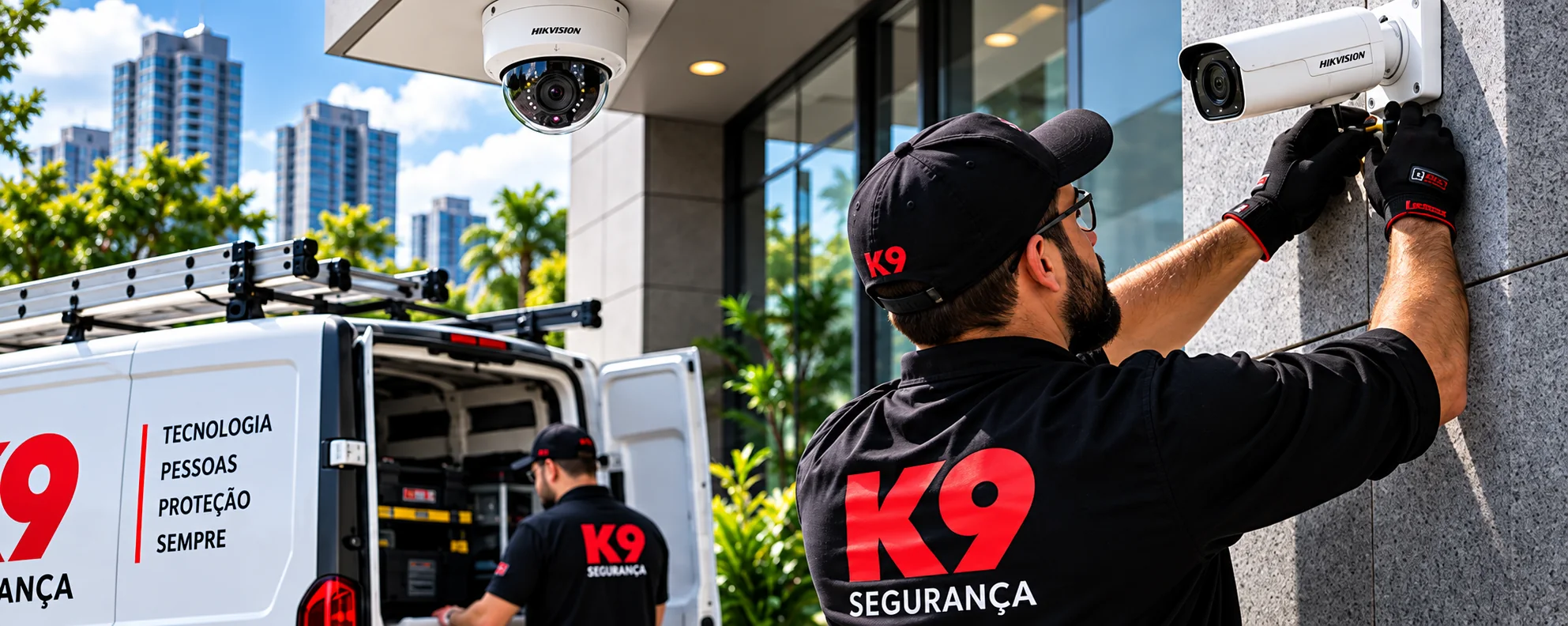 Técnicos da K9 instalando câmeras em fachada comercial, com a van da K9 ao fundo