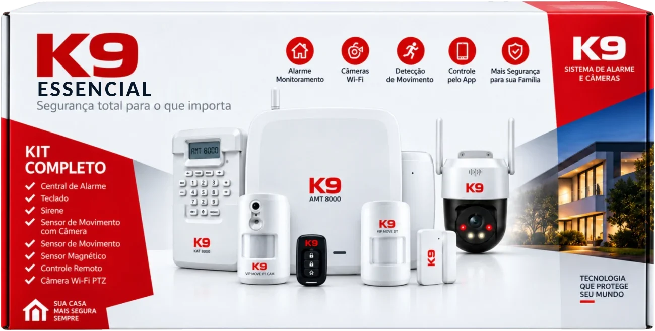 Kit de alarme monitorado K9 Essencial sem fio: central de alarme, teclado, sirene, sensores, controle remoto e câmera Wi-Fi